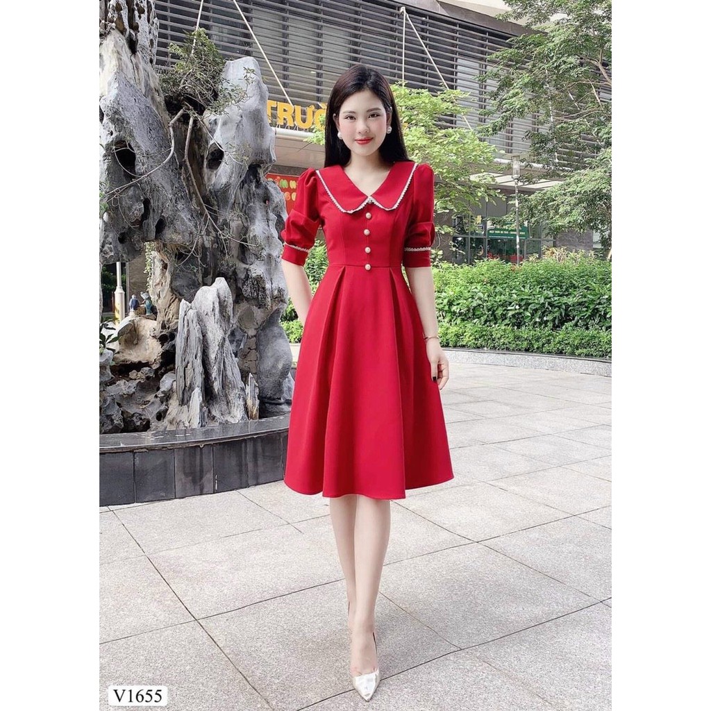 Váy đầm nữ dáng xòe cổ sơ mi tay lỡ phối hàng nút