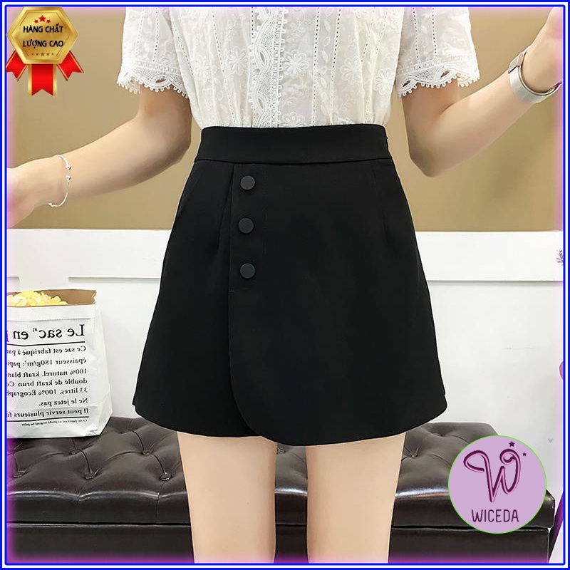 Quần giả váy cạp cao nữ Wiceda , quần đùi giả váy chất vải tuyết mưa màu đen dày dặn phối cúc trang trí QGV556