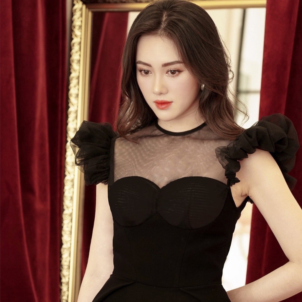 Váy đầm NILA DRESS, phối ren,  màu đen sang trọng đi tiệc  LEMINA.