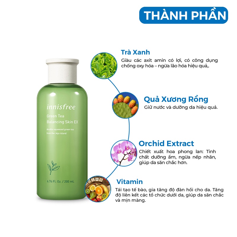 Nước hoa hồng chiết xuất từ trà Xanh Innisfree Green Tea Skin EX 200ml [ Cam Kết Chuẩn Hàn Quốc]