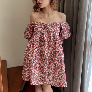 Đầm babydoll cổ vuông váy tay bồng boho thô hoa có túi by lamouse