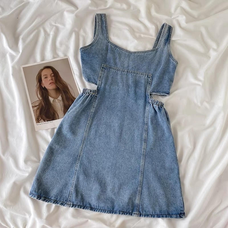 Váy Jeans Denim Quảng Châu (loại 1) Hình thật, Đầm denim dáng ngắn Ulzzang Style
