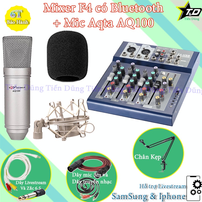 Bộ Mic Thu Âm Livestream Mixer F4 và Mic Aqta AQ100 Chân Đế Dây Livestream Chế Dây Truyền Nhạc Dây mic 3m zắc 6.5.