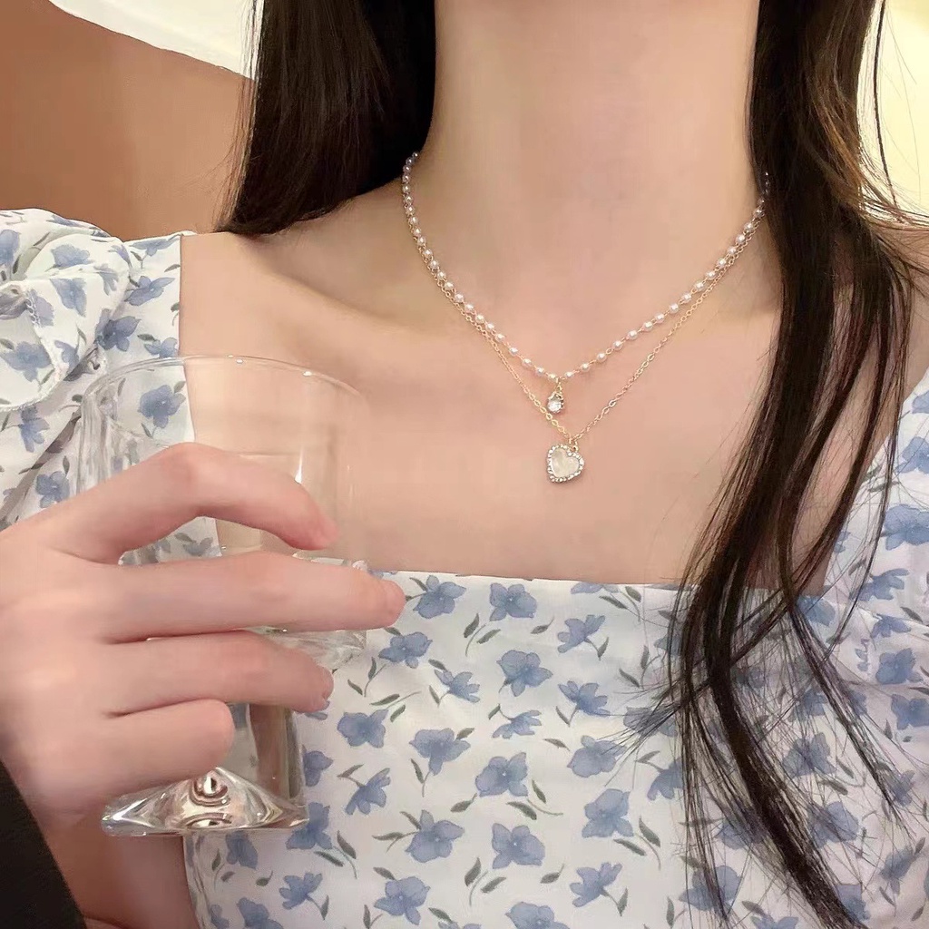 Dây Chuyền Hai Lớp Đính Hạt Ngọc Trai Hình Trái Tim Phong Cách Hàn Quốc Dành Cho Nữ