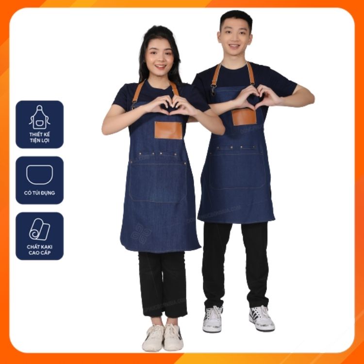 Tạp dề quán café cho nhân viên - Vải denim bền đẹp, phối da cao cấp nhiều túi tiện lợi, dây đeo dài tùy chỉnh kích thước