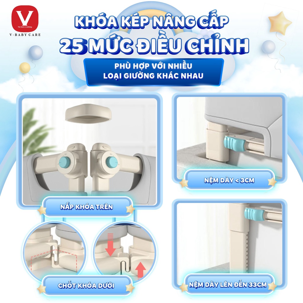 Thanh Chắn Giường Nhật Bản V-BABY NV02 & N1S 2024 Nâng Hạ 1 Bên (1 THANH CHẮN 1 MẶT)