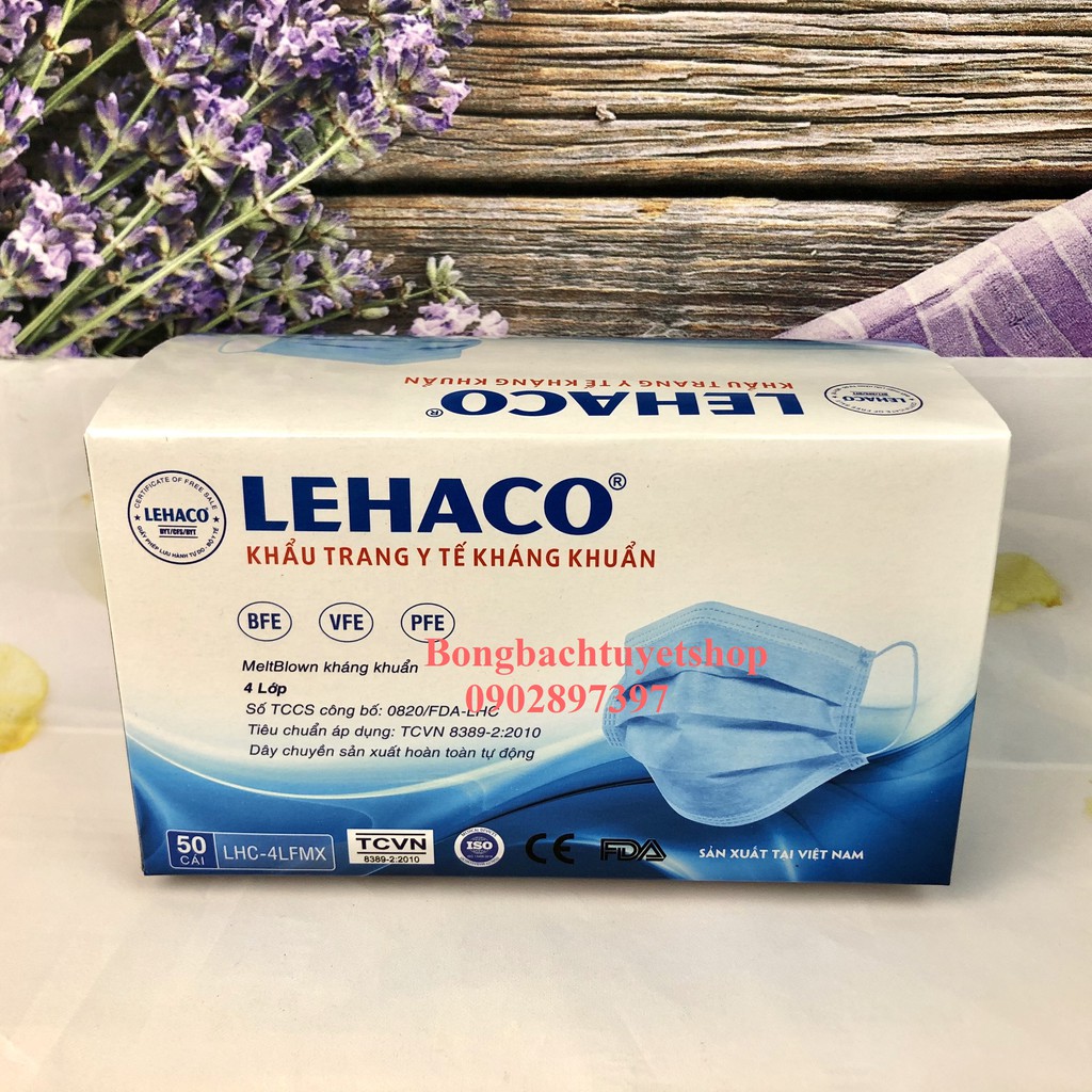 Khẩu trang Lehaco màu Xanh 4 lớp Giấy Kháng Khuẩn hộp 50 cái