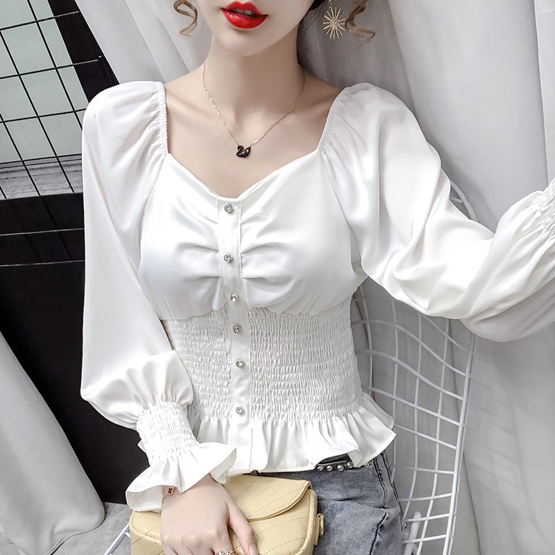 Áo Sơ Mi Kiểu Nữ Hàn Quốc - Áo Kiểu Tay Dài Cổ Chữ V Thời Trang Công Sở, Dạo Phố, Dự Tiệc