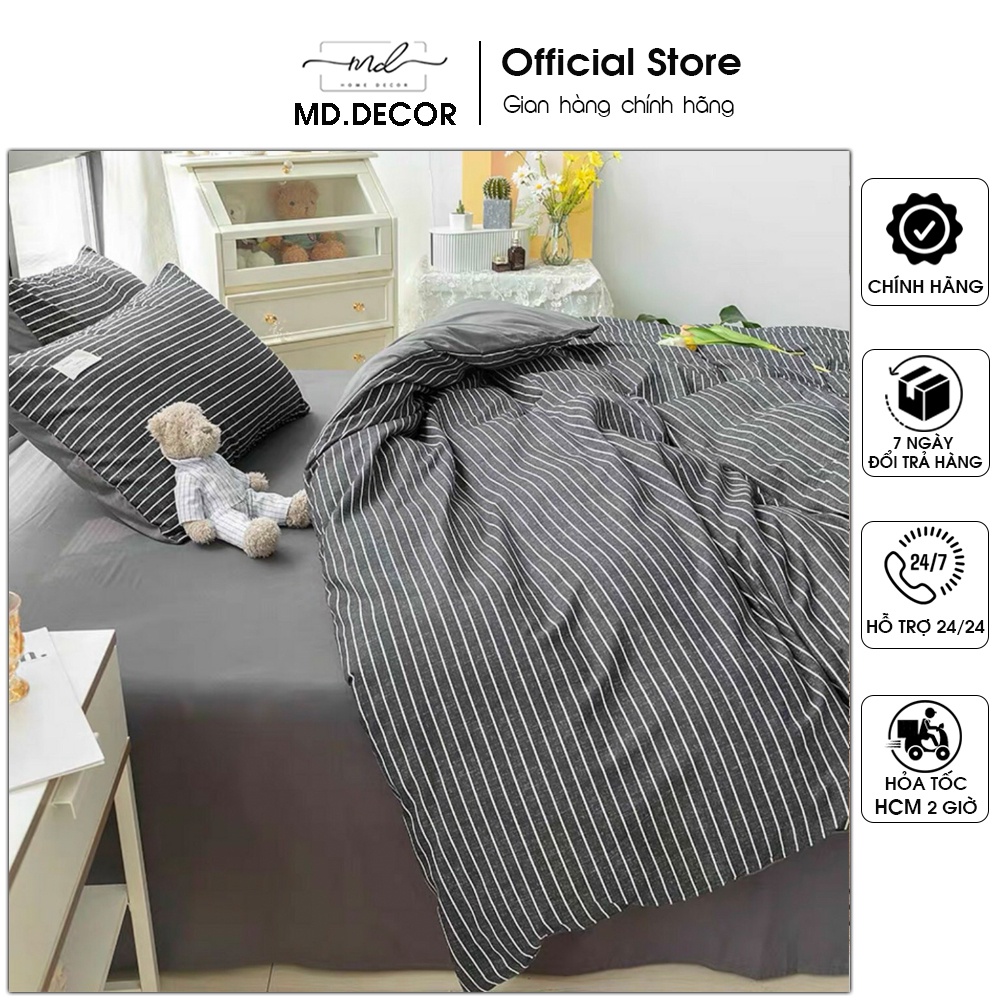 Bộ chăn ga gối Cotton tici MD.Decor- Bedding màu kẻ tối giản nhiều kích thước nệm M4,M6,M8 miễn phí may bo chun