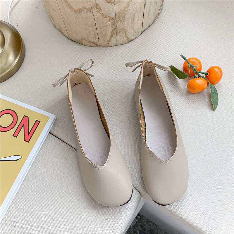 Giày búp bê mũi tròn da mềm có thắt nơ sau màu kaki/đào/trắng size đa dạng cho nữ