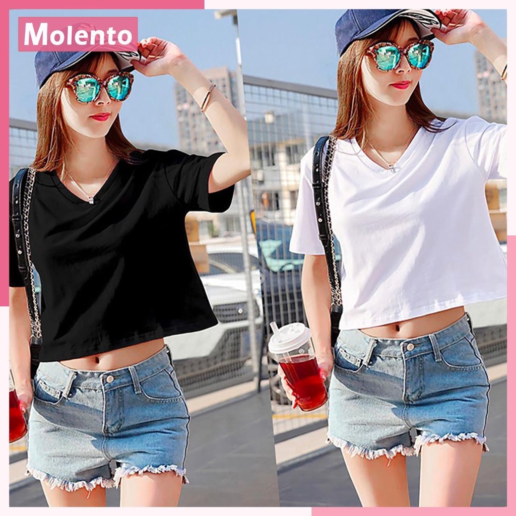 Áo Croptop Nữ Cổ Tim Tay Ngắn Molento Thun Cotton Co Giãn 4 Chiều Form Rộng Nhiều Màu Sắc - M57