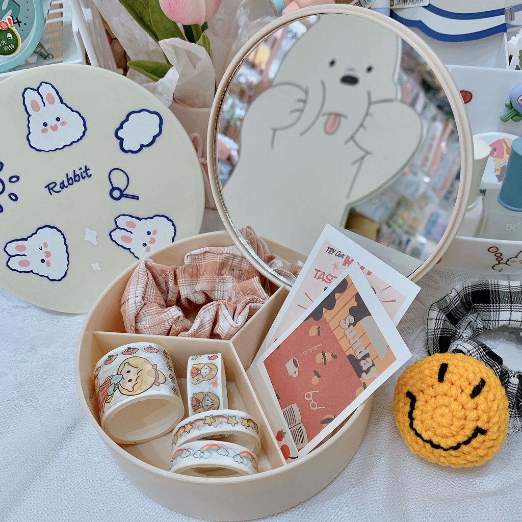 Hộp đựng mỹ phẩm, hộp đựng đồ dùng kèm gương hình thỏ dễ thương