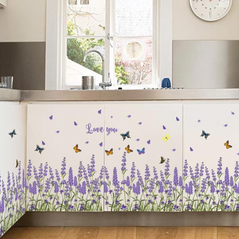 Tranh decal dán tường chân tường Vườn hoa Oải hương mơ mộng