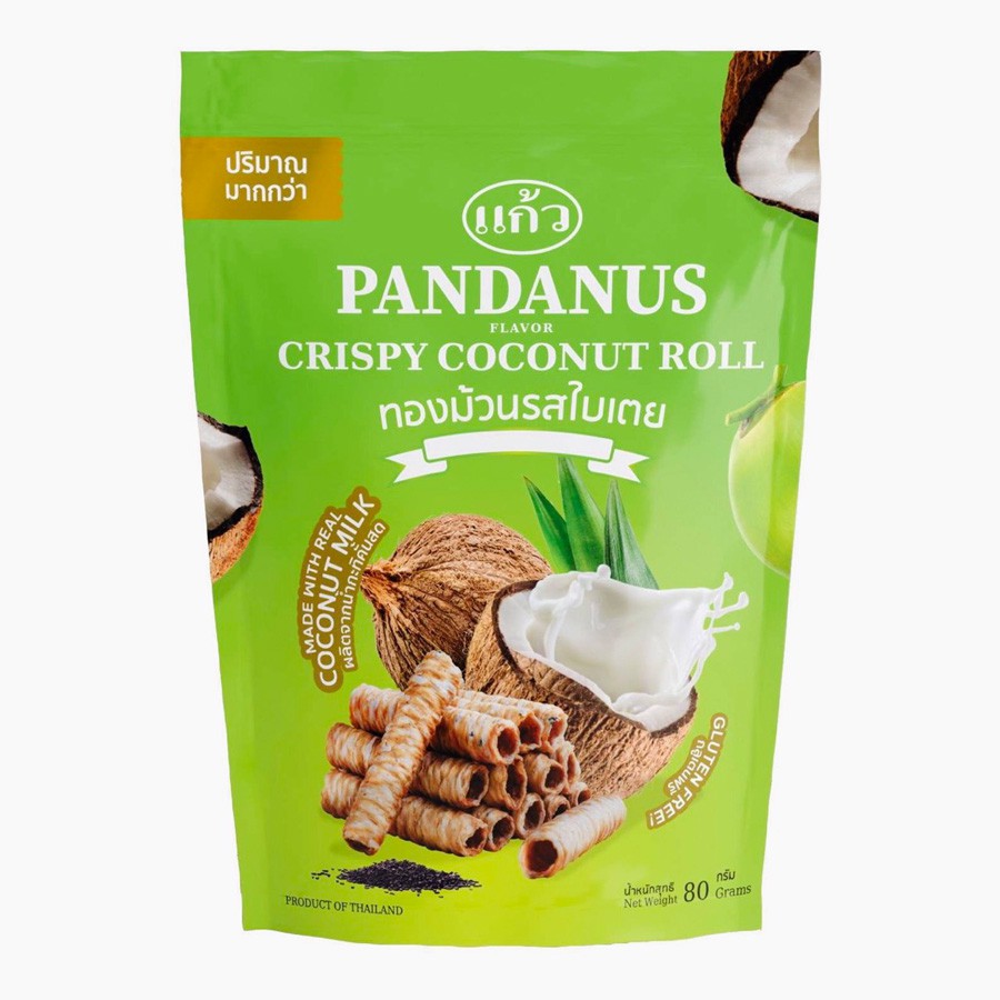 Bánh Cuộn Dừa KAEW Nhập Khẩu Thái Lan Vị Lá Dứa Túi Zip (80g/gói)