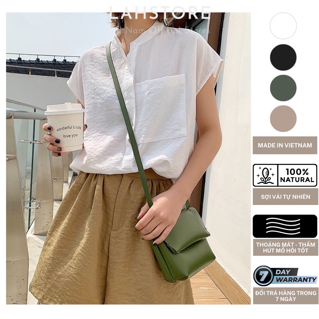 Áo Sơ Mi Nữ Cộc Tay LAHSTORE Chất Đũi Cổ Tàu Form Rộng ASDNU03 (Trắng)
