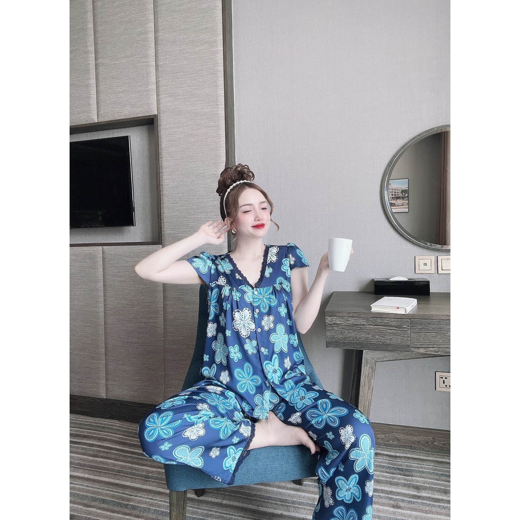 Bộ lụa cánh tiên quần dài, viền ren họa tiết siêu cute