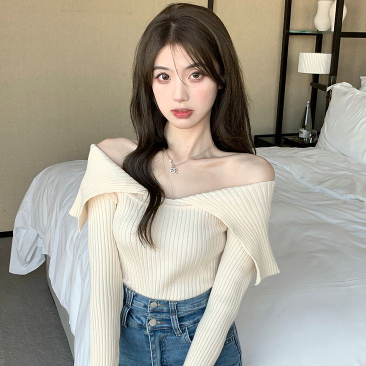 COZOK Áo Len Tay Dài Trễ Vai Form Ôm Kiểu Dáng Đơn Giản Hợp Thời Trang