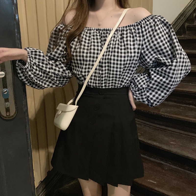 Áo Sơ Mi Chiffon Tay Dài Hở Vai Dáng Rộng Họa Tiết Sọc Caro Phong Cách Hàn Quốc Ngọt Ngào Cho Nữ
