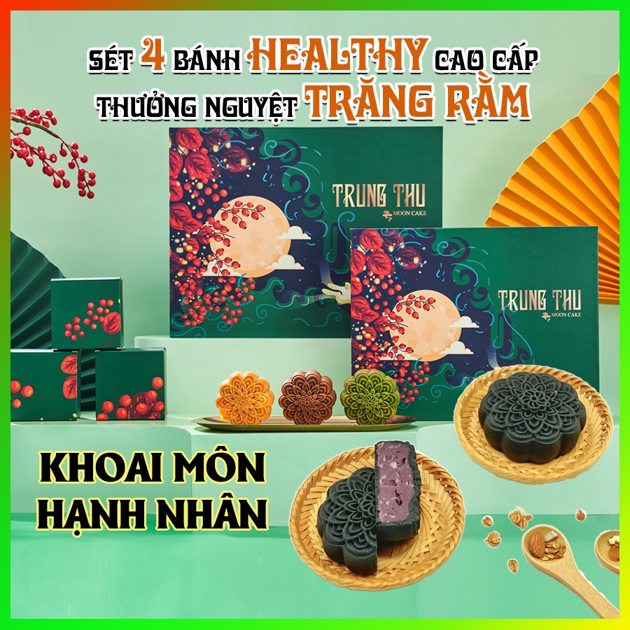 Bánh Trung Thu Healthy Cao Cấp Khoai Môn Hạnh Nhân (4 Bánh x 150g) - An Toàn Thực Phẩm Tốt Cho Sức Khỏe, Không Tăng Cân