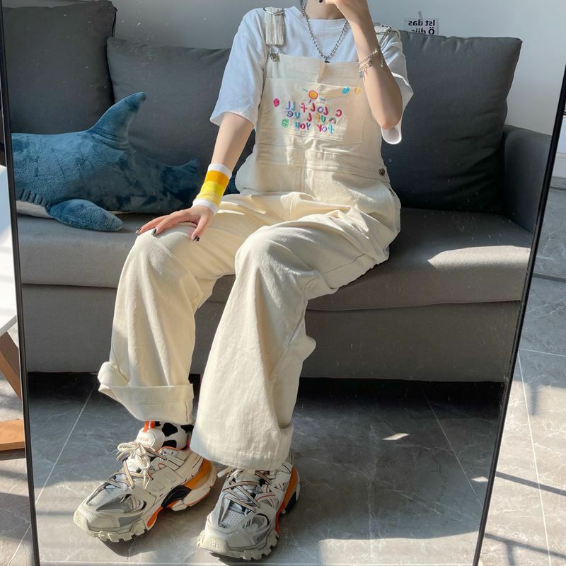 Yếm Quần Ống Rộng Màu Be Thêu Hình Cute Phong Cách Hàn Quốc  ❤️