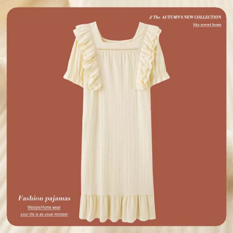 Váy ngủ cotton mùa hè ngắn tay kiểu Pháp (ren ngực)