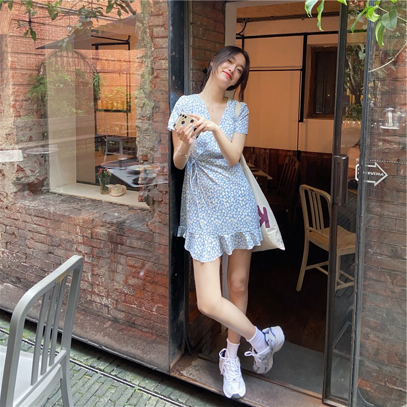 Đầm hoa xanh đắp chéo DD064