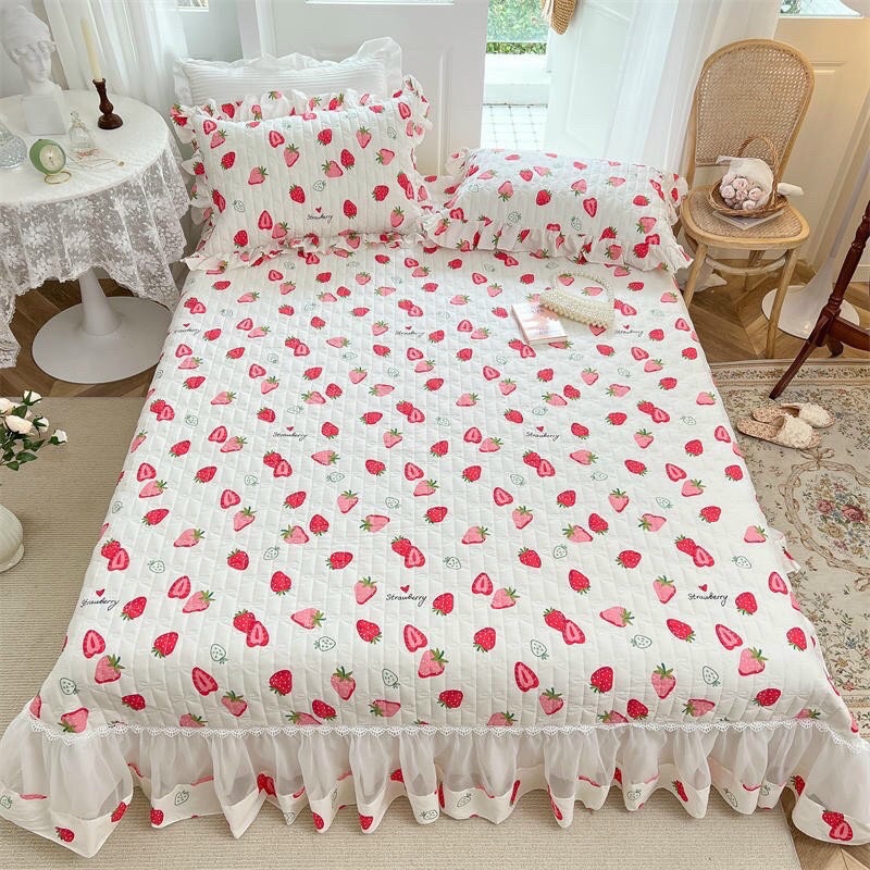 Bộ Ga Và 2 Vỏ Gối Cotton Trần Bông Riềm Bèo Siêu Xinh, Ga Có Đủ Kích Thước,Đường May Tỉ Mỉ
