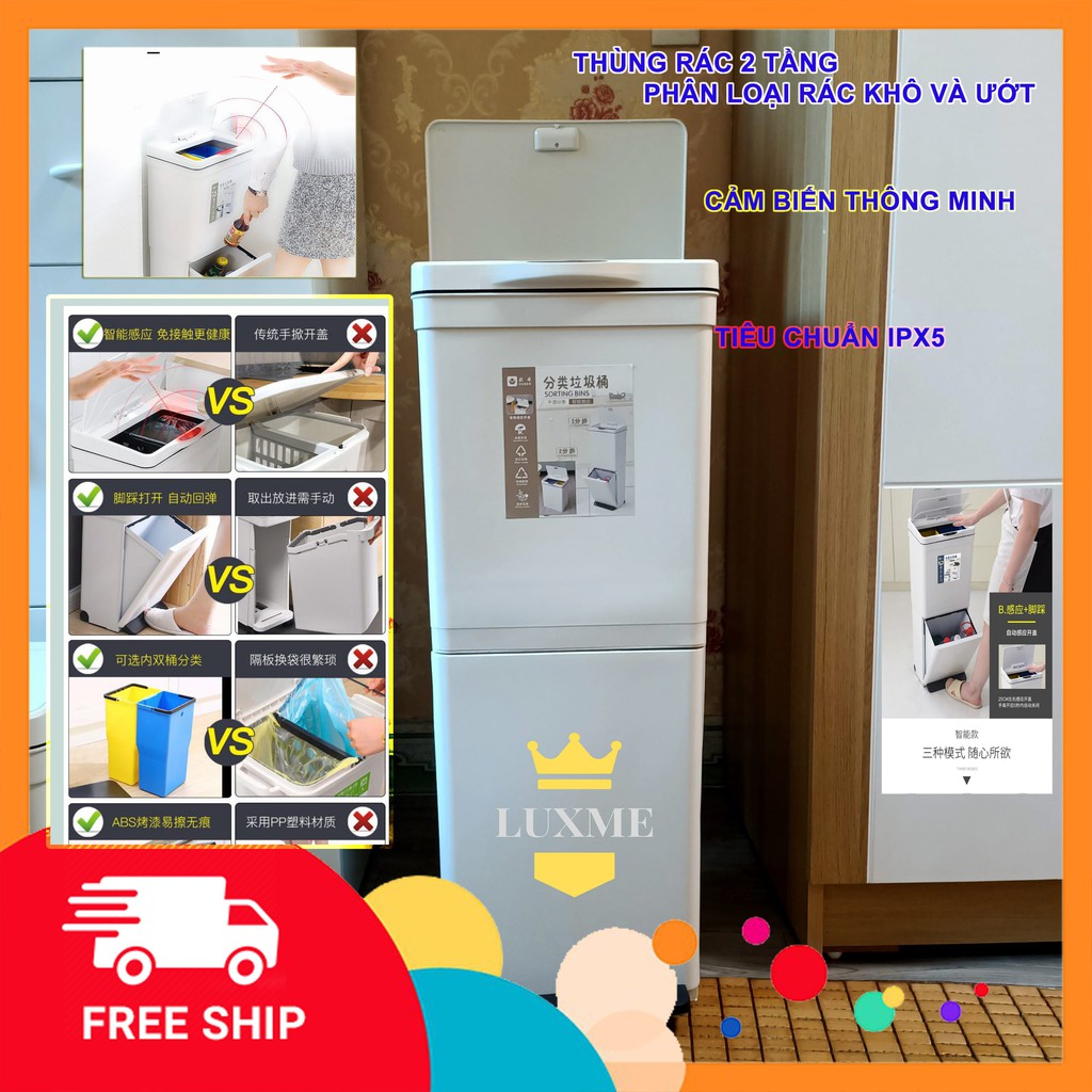 ❤️HÀNG CAO CẤP❤️Thùng rác THÔNG MINH 2 TẦNG ❤️FREESHIP❤️ PHÂN LOẠI RÁC KHÔ VÀ ƯỚT - TIÊU CHUẨN IPX5