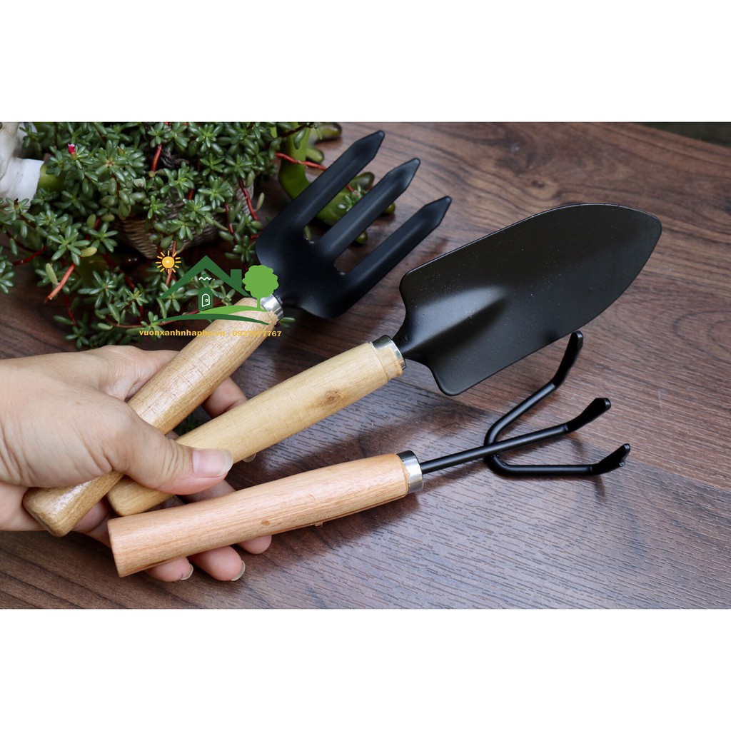 Bộ Cuốc Xẻng 3 Món Size L - Cán Gỗ Làm Vườn Tiện Lợi