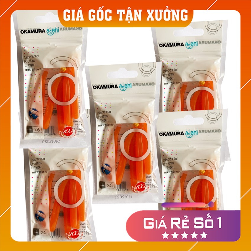 Gói 6 cái bàn chải kẽ răng chữ L Nhật Asahi Okamura dành cho người chỉnh nha cao cấp, bàn chải kẽ răng cho răng niềng