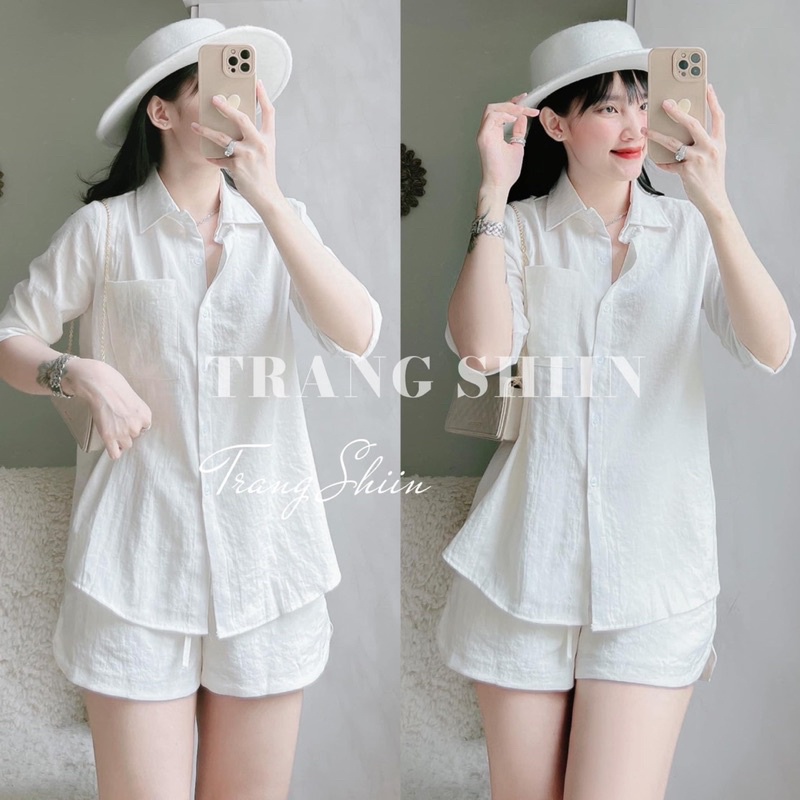 Set bộ nữ áo sơ mi cổ đức tay dài dáng thụng mix quần sooc ống rộng cạp chun sang chảnh công sở đi làm đi học đi chơi