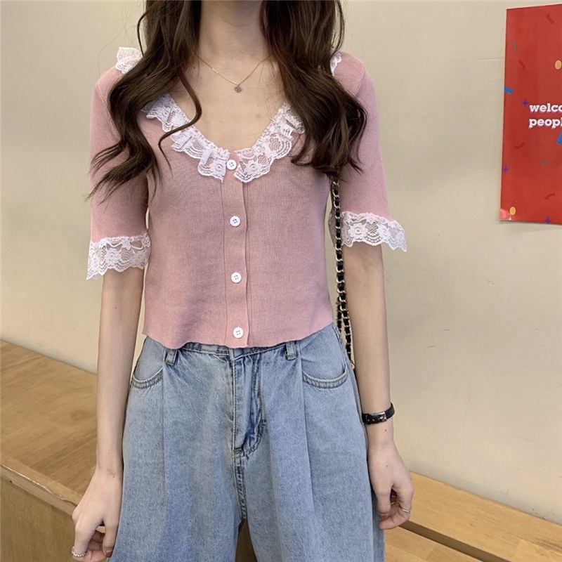 Áo Croptop Dệt Kim Tay Ngắn Cổ Chữ V Phối Ren Xinh Xắn Cho Nữ