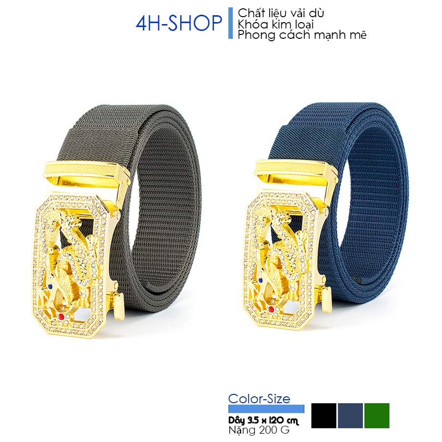 Thắt lưng nam vải dù , khóa kim loại mạ vàng hình rồng thần nhả châu chỉnh dây tự động 4 x 8 cm dây 3.5 x 120 cm.