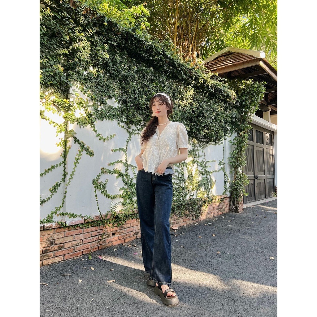 Quần jeans dáng suông dài ống rộng vải dày dặn NARI JEANS - Sibling House