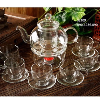 Bộ ấm chén thủy tinh set09 kèm 7 nến không khói
