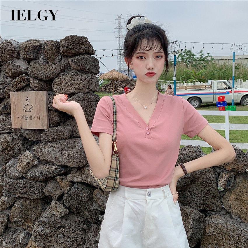 Áo thun IELGY cổ chữ v dáng ôm phong cách Hàn Quốc thời trang cho nữ
