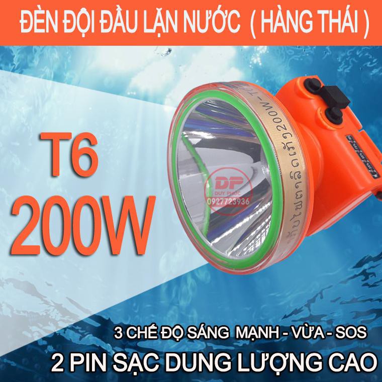 ĐÈN PIN ĐỘI ĐẦU LED HÀNG THÁI SIÊU SÁNG 200W CHIẾU XA T6 VÀ T8  – LẶN NƯỚC SÂU 50M