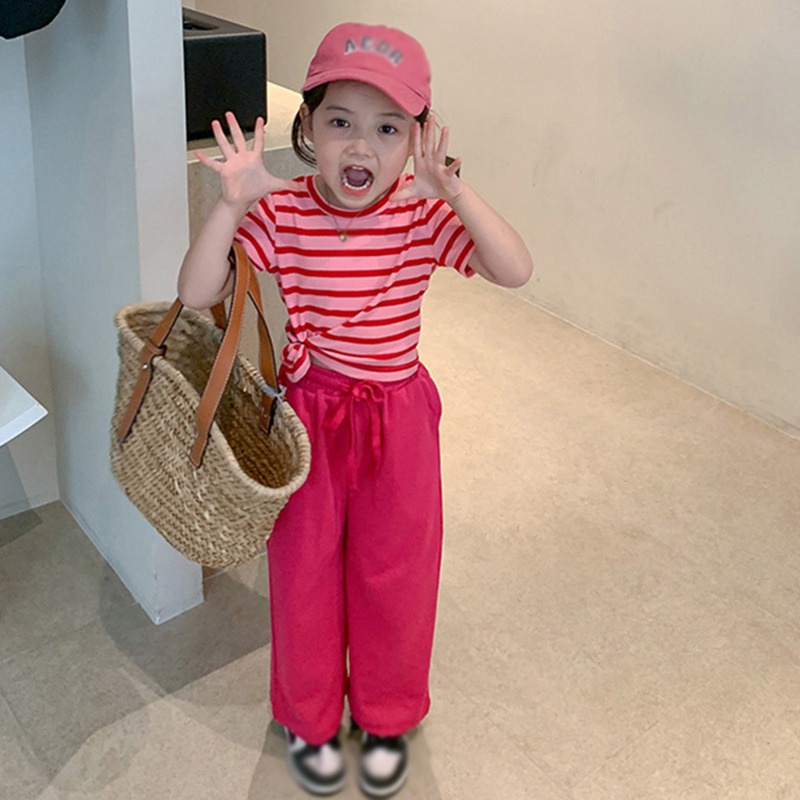 Set Áo Thun Tay Ngắn Kẻ Sọc Phối Quần Ống Rộng Thời Trang Hè Xinh Xắn Cho Bé Gái