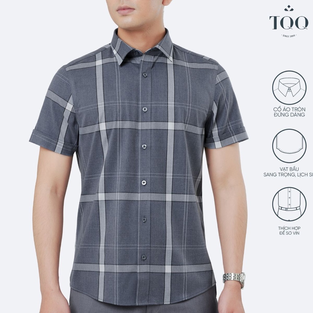 Áo sơ mi nam cao cấp ngắn tay TQQ dáng Slim fit công sở ôm nhẹ K455CSC phối kẻ lịch thiệp và hiện đại