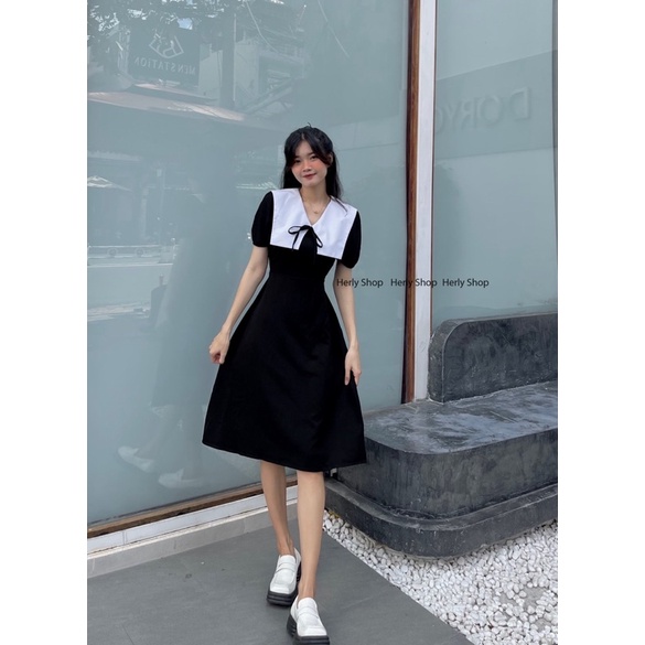 ĐẦM MIDI TAY BỒNG PHỐI CỔ TRẮNG