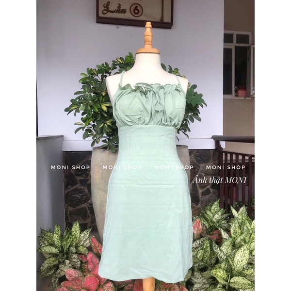 Váy 2 dây hở lưng ôm body  khóa kéo lưng 2 lớp xanh