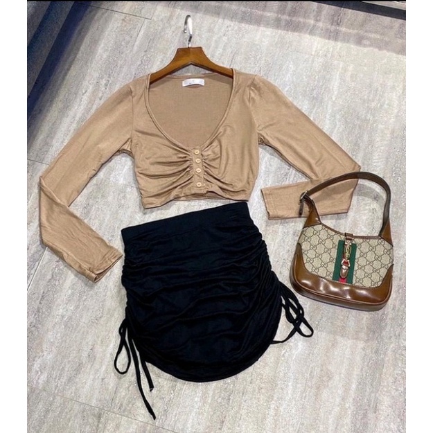 Áo croptop nhún ngực tay dài phối nút chất thun Lụa mềm mịn Cam Kết Hàng Y Hình Kèm Ảnh Thật Chính Chủ