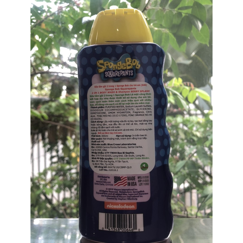 Sữa tắm gội cho bé 2 trong 1 Sponge Bob Nickelodone dành cho trẻ em 355ml