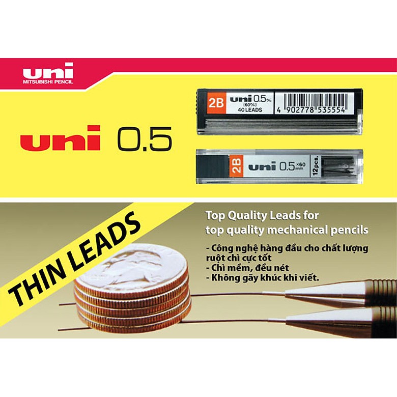 Ruột bút chì kim bấm 0.5mm - 2B Uni, sản phẩm chất lượng cao hàng chính hãng