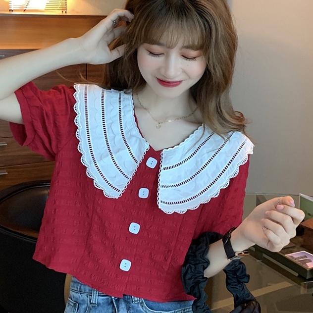 【ZHELIHANGFEI】Áo Sơ Mi Tay Phồng Ngắn Cổ Búp Bê Phối Ren Lưng Cao Dễ Thương