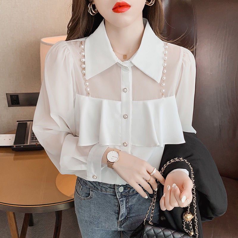 Áo Sơ Mi Voan Hoa Dài Tay Thời Trang Hàn Quốc Dành Cho Nữ