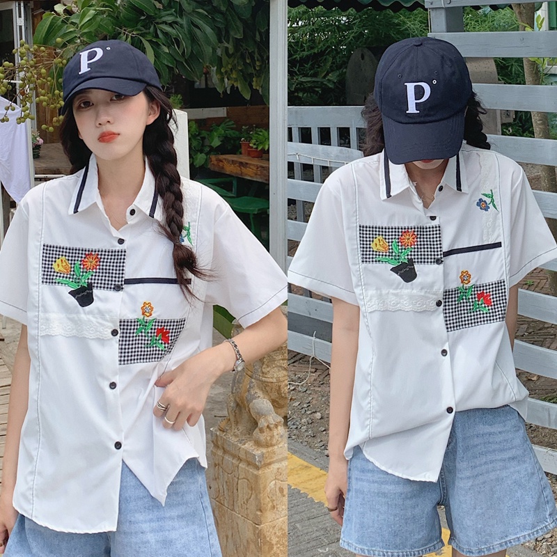 Áo sơ mi nữ tay ngắn cổ polo thêu họa tiết phong cách Hàn Quốc thời trang mùa hè dễ thương