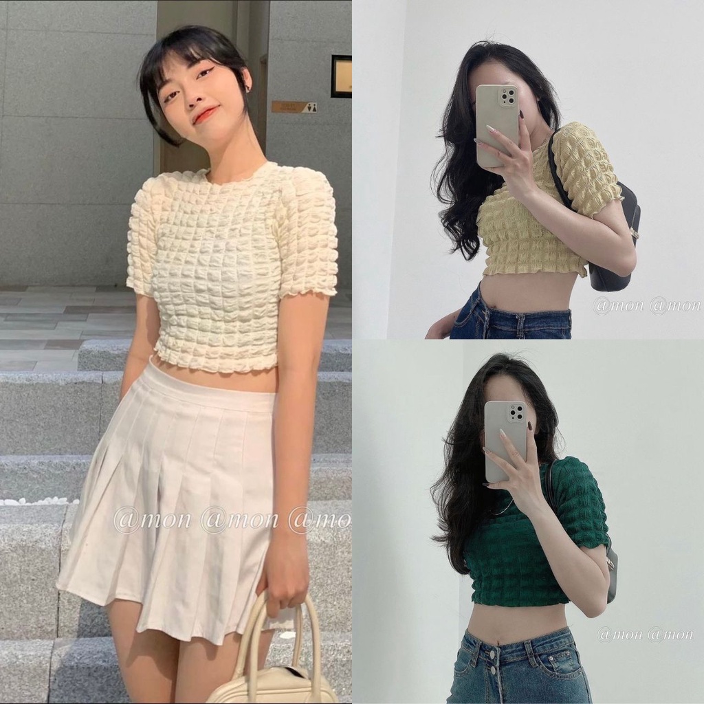 Áo croptop xốp ô vuông nữ, croptop ôm body tay ngắn mềm mại co giãn nhẹ 4 chiều phong cách năng động