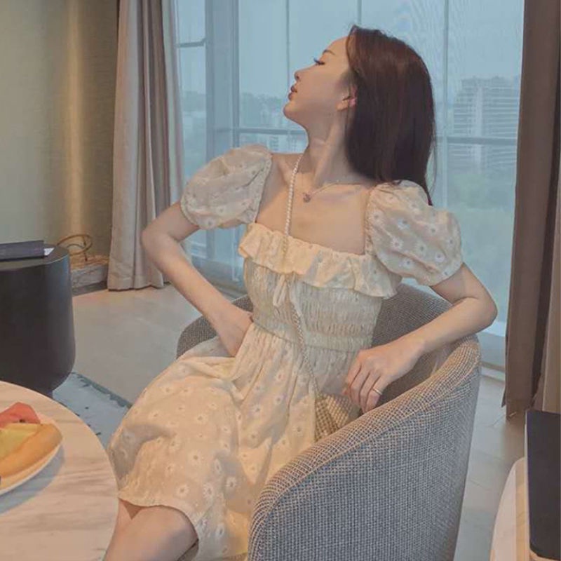 Đầm Tay Phồng Ngắn Cổ Vuông Eo Cao Ngọt Ngào Thời Trang Mùa Hè Mới Cho Nữ