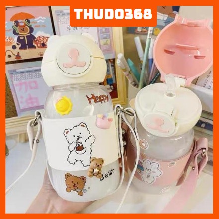 Bình nước nhựa hình gấu cute dễ thương 620ML (Kèm Ống Hút + Túi da PU + Sticker 2D)